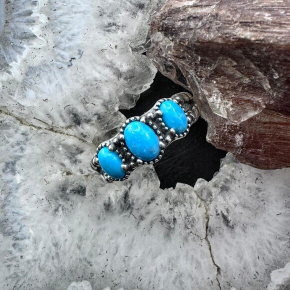 Carolyn Pollack Sterling Silver 3 Oval Turquoise Decorated Ring For Women - Picture 2 of 13